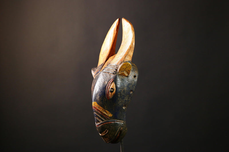 African Mask Hand-Carved Vintage Baule - Authentic Bidjogo Bull Wall Hanging Art, Unique Tribal Sculpture for Home Decor-G3656