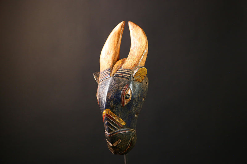 African Mask Hand-Carved Vintage Baule - Authentic Bidjogo Bull Wall Hanging Art, Unique Tribal Sculpture for Home Decor-G3656