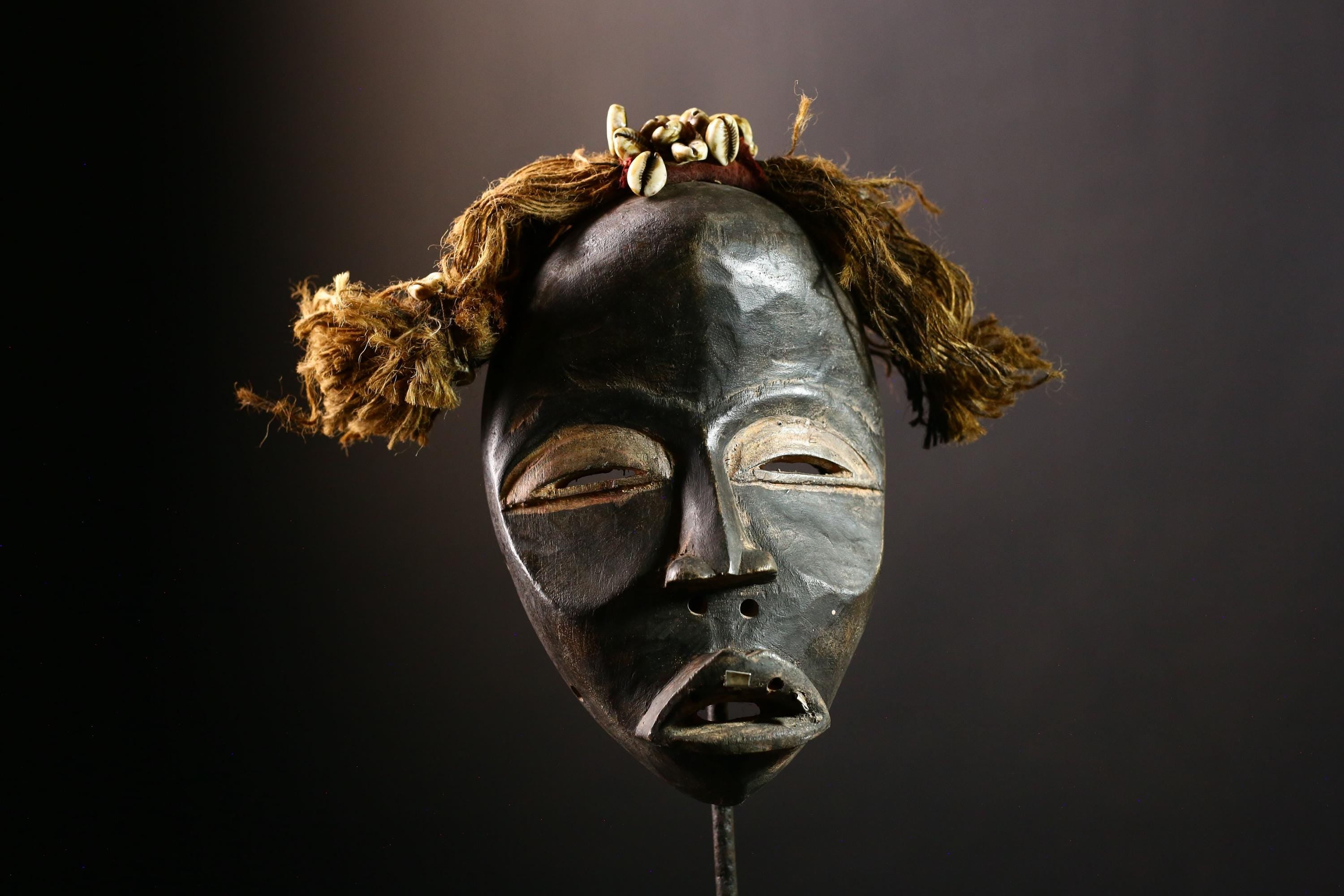 African Mask Vintage Firefighter - Unique Hand-Carved Art Piece with Raphia, Tribal Wall Decor for Home, Cultural Collectible Sculpture-9586