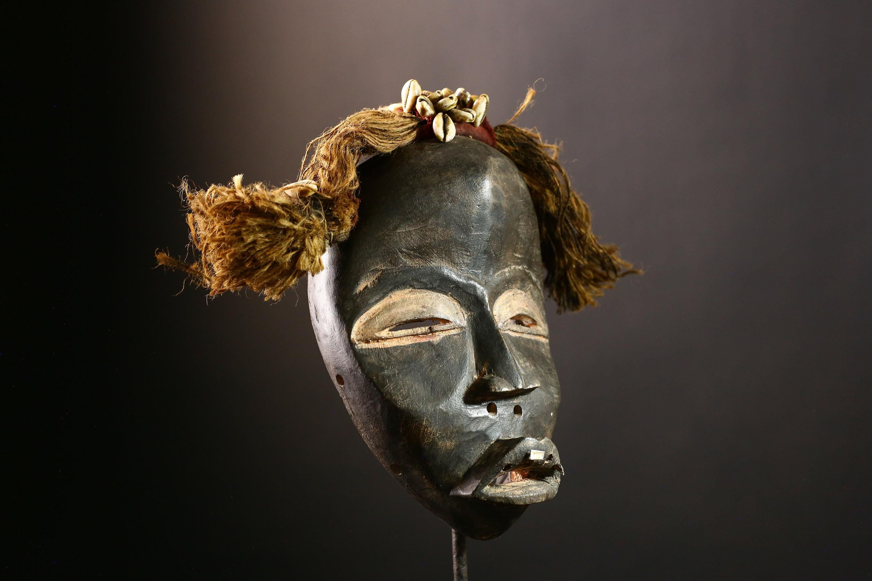 African Mask Vintage Firefighter - Unique Hand-Carved Art Piece with Raphia, Tribal Wall Decor for Home, Cultural Collectible Sculpture-9586