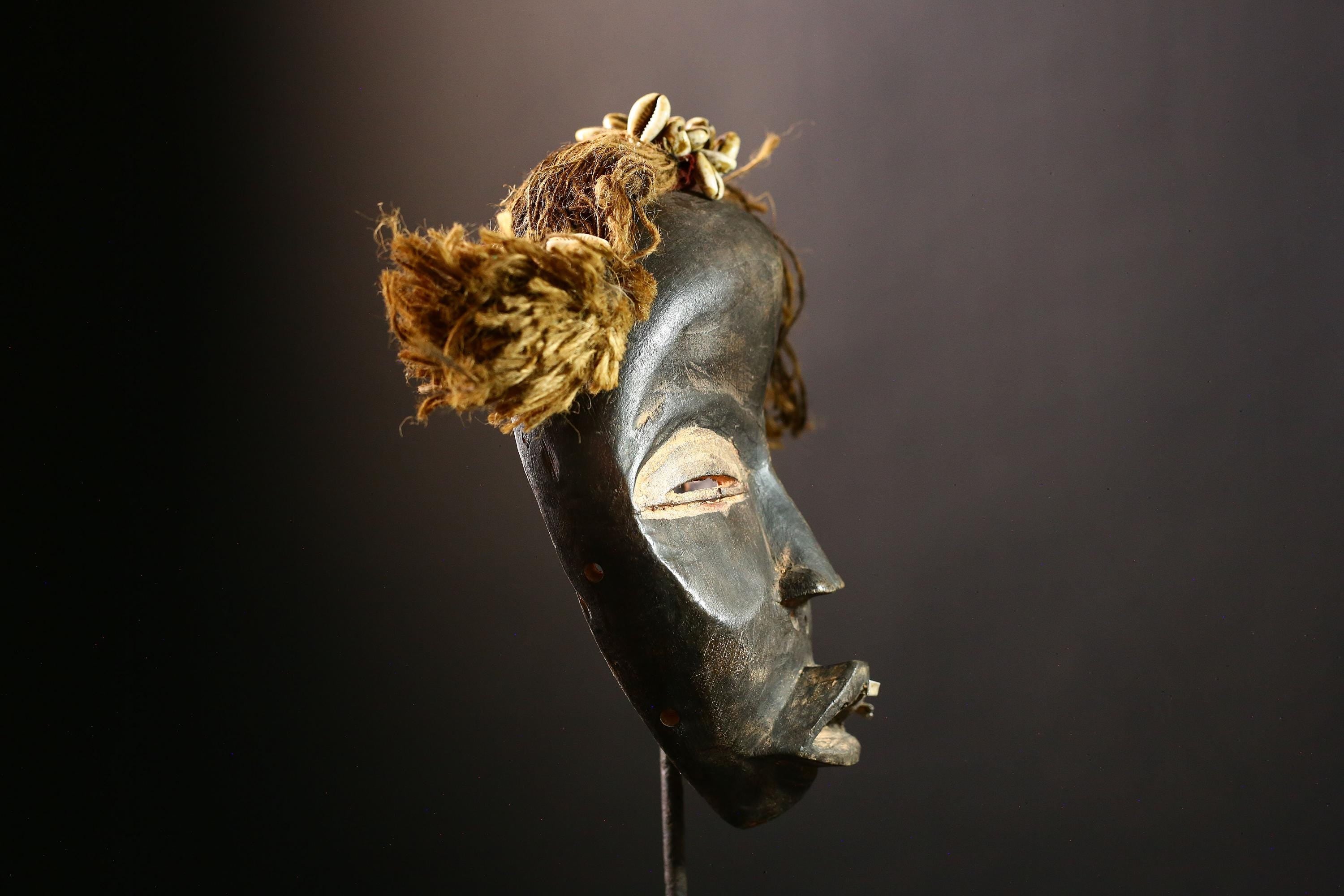 African Mask Vintage Firefighter - Unique Hand-Carved Art Piece with Raphia, Tribal Wall Decor for Home, Cultural Collectible Sculpture-9586
