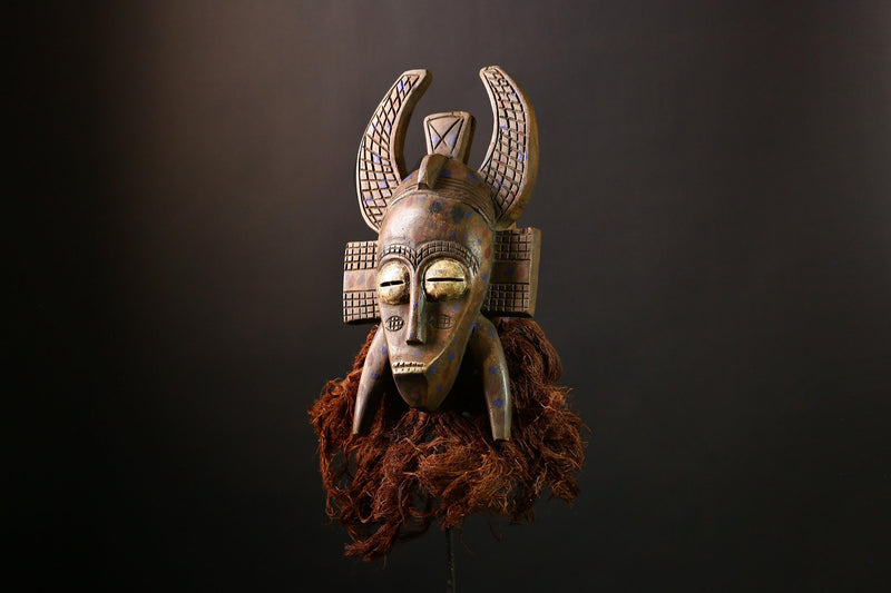 African Mask Senufo Kpelie Tribal Face Art - Unique Hand-Carved Wooden Wall Decor, Cultural Sculpture for Home and Collectors  -G3682