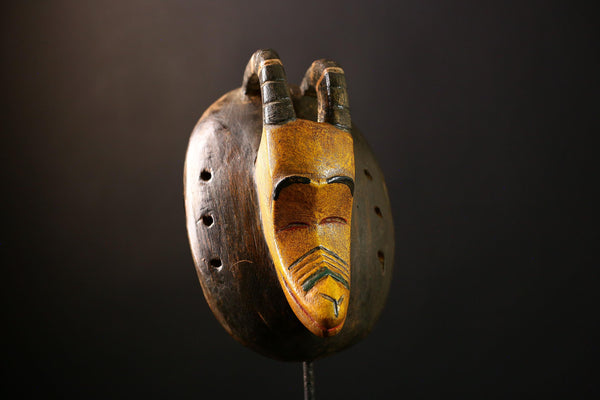 African Mask - Hand-Carved Yellow Baule Wall Hanging Art Décor - Unique Tribal Wooden Sculpture for Home and Cultural Collection G3696