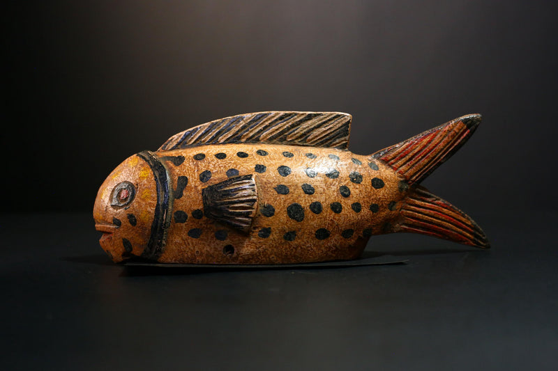 African Mask - Hand-Carved Bozo Fish Puppet Art - Tribal Wall Hanging Sculpture for Unique Home Décor and Cultural Collectible Display-G3738