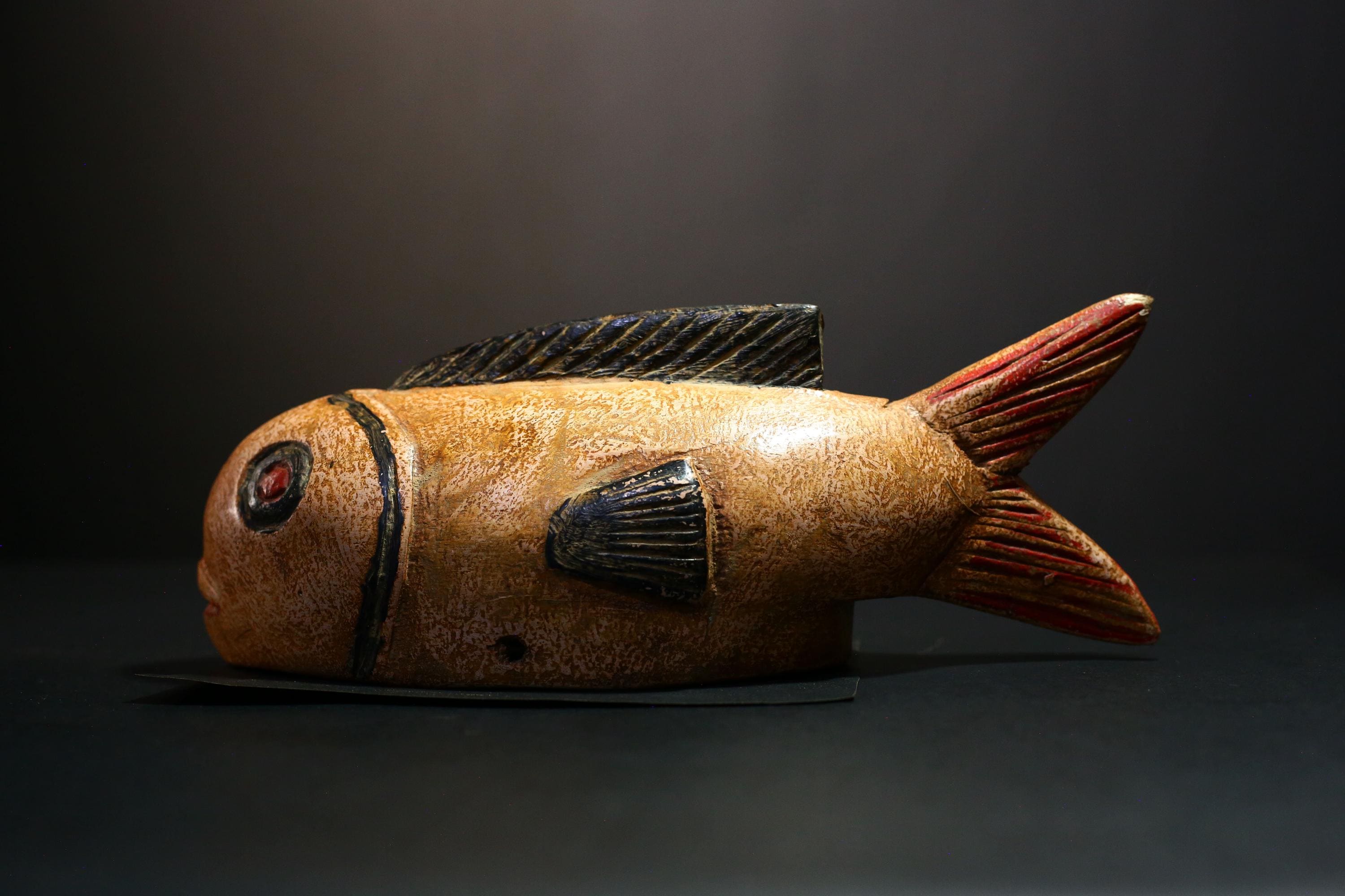 African Mask - Hand-Carved Bozo Fish Puppet Art - Tribal Wall Hanging Sculpture for Unique Home Décor and Cultural Collectible Display-G3737