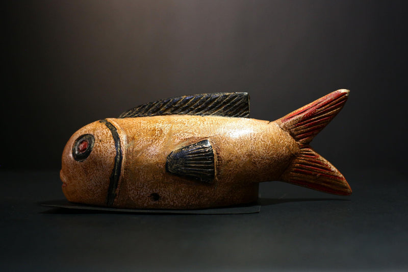 African Mask - Hand-Carved Bozo Fish Puppet Art - Tribal Wall Hanging Sculpture for Unique Home Décor and Cultural Collectible Display-G3737