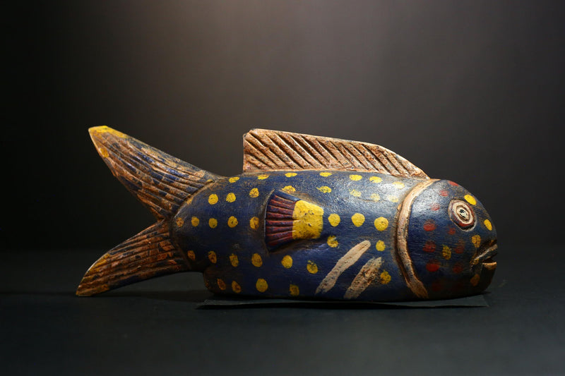 African Mask - Hand-Carved Bozo Fish Puppet Art - Tribal Wall Hanging Sculpture for Unique Home Décor and Cultural Collectible Display-G3736