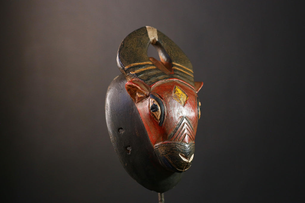 African Mask Handmade Baule Horned , Unique Wall Art Decor, Tribal Sculpture for Home, Cultural Collectible Piece for Decoration-G3767