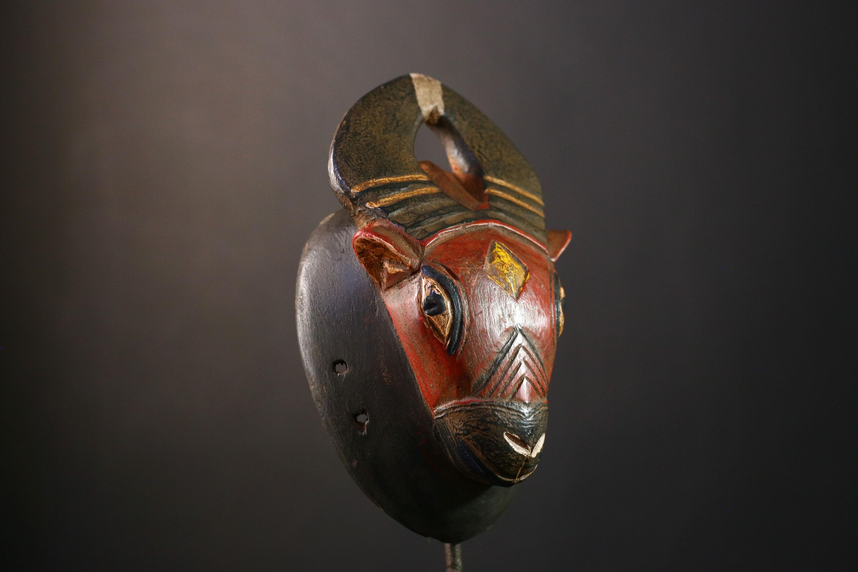 African Mask Handmade Baule Horned , Unique Wall Art Decor, Tribal Sculpture for Home, Cultural Collectible Piece for Decoration-G3767