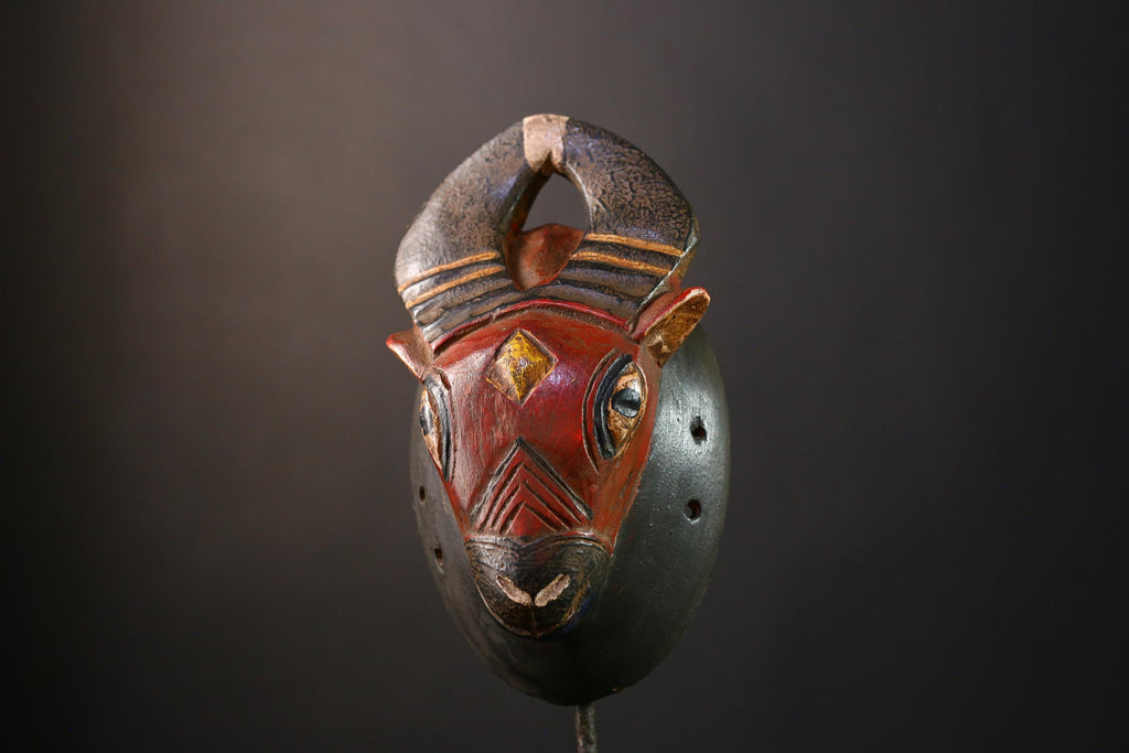 African Mask Handmade Baule Horned , Unique Wall Art Decor, Tribal Sculpture for Home, Cultural Collectible Piece for Decoration-G3767