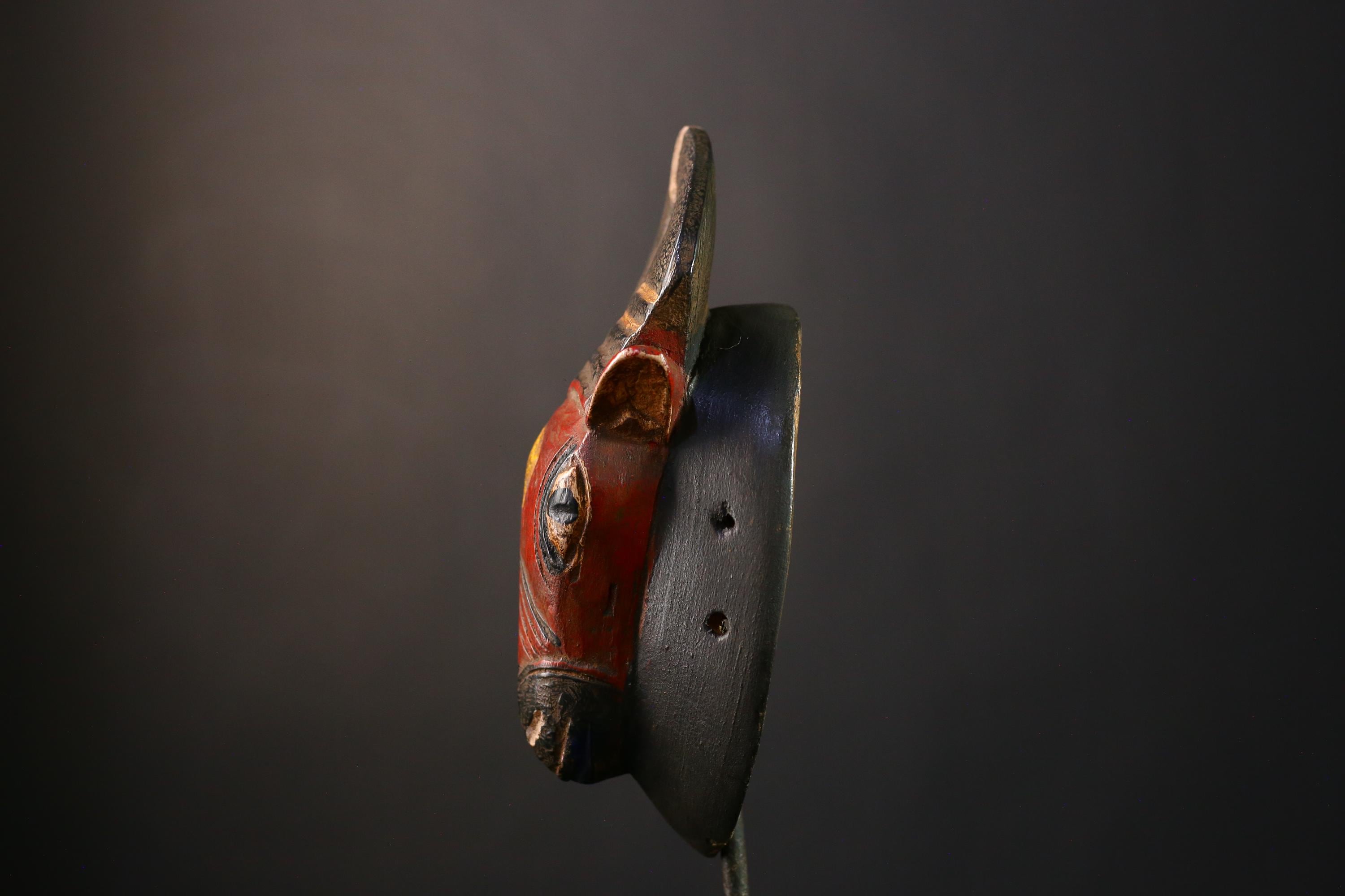African Mask Handmade Baule Horned , Unique Wall Art Decor, Tribal Sculpture for Home, Cultural Collectible Piece for Decoration-G3767