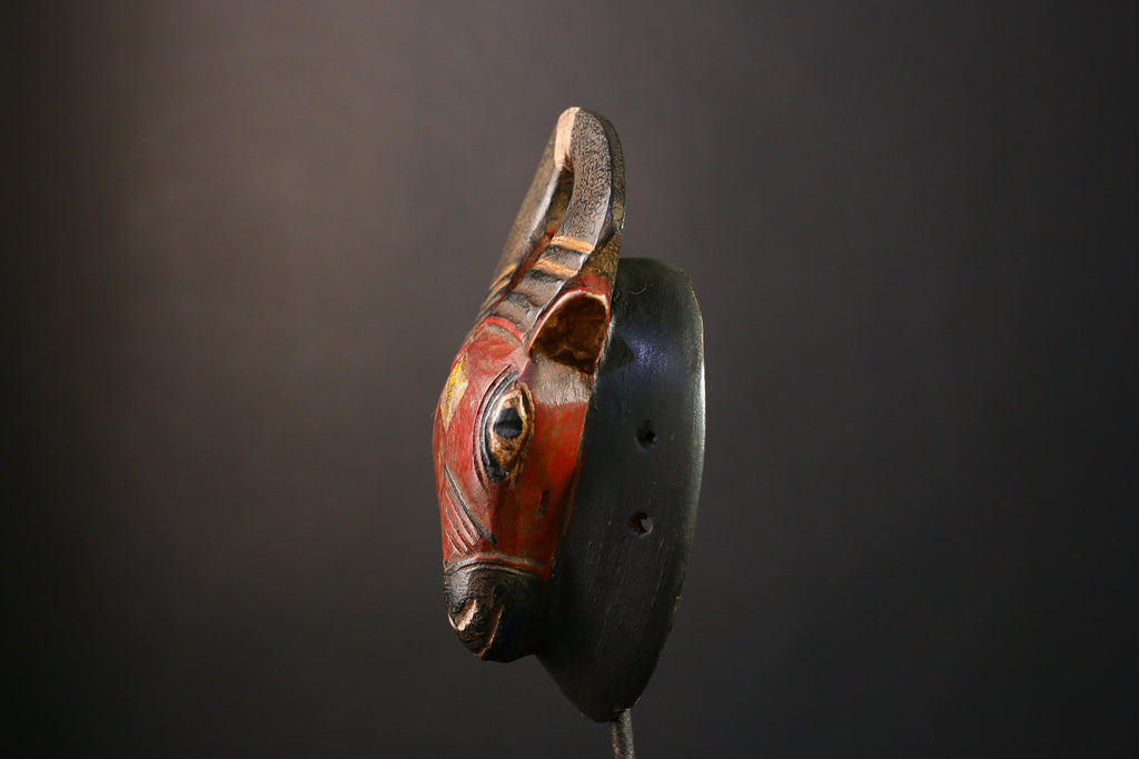 African Mask Handmade Baule Horned , Unique Wall Art Decor, Tribal Sculpture for Home, Cultural Collectible Piece for Decoration-G3767