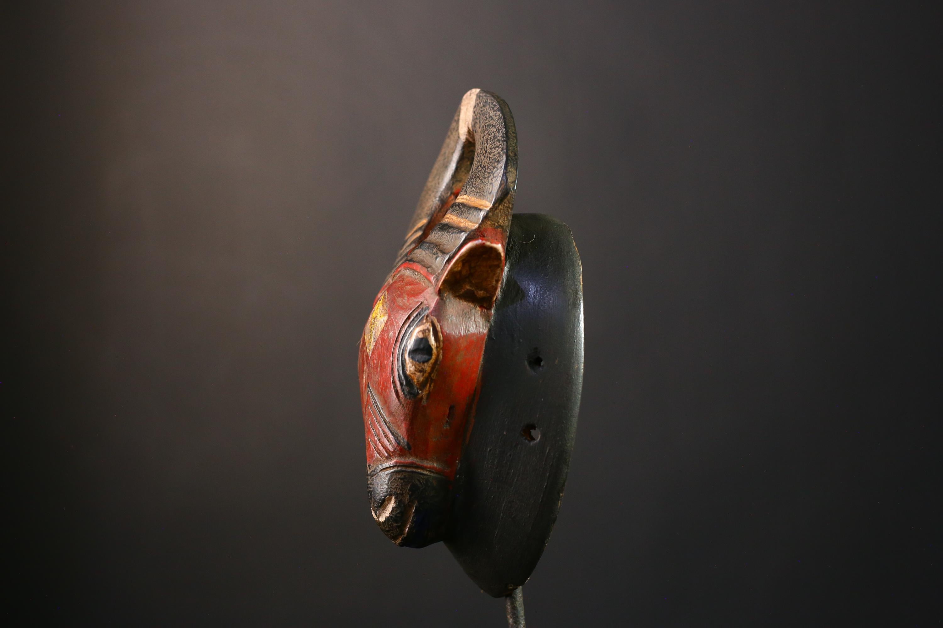 African Mask Handmade Baule Horned , Unique Wall Art Decor, Tribal Sculpture for Home, Cultural Collectible Piece for Decoration-G3767
