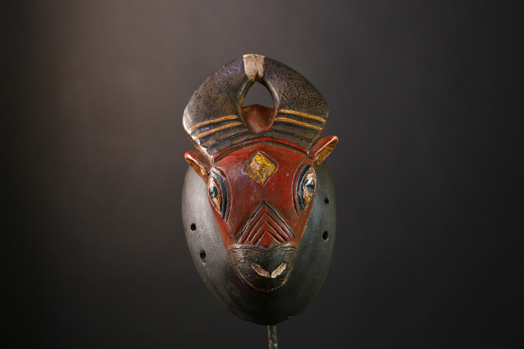 African Mask Handmade Baule Horned , Unique Wall Art Decor, Tribal Sculpture for Home, Cultural Collectible Piece for Decoration-G3767