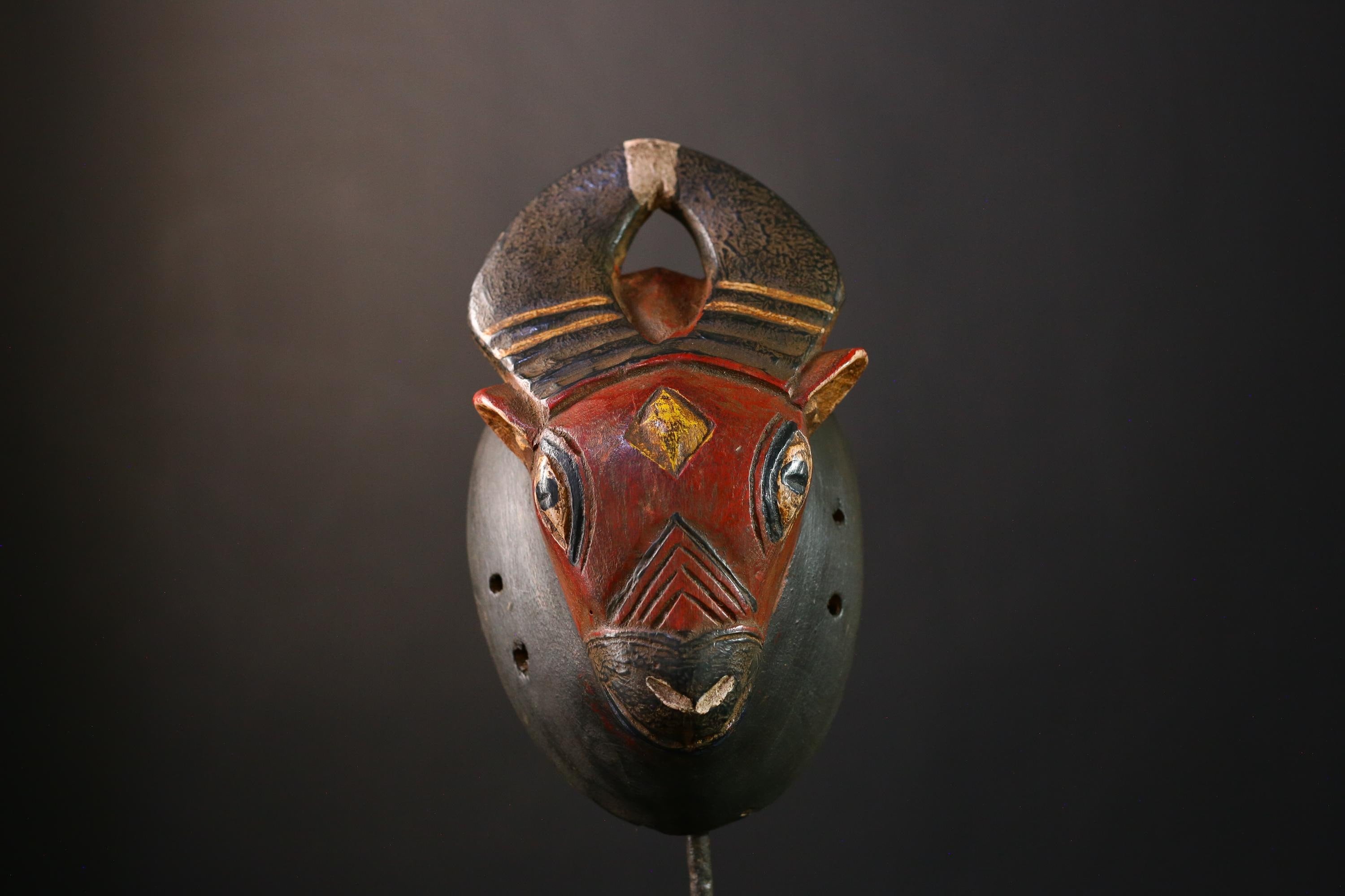African Mask Handmade Baule Horned , Unique Wall Art Decor, Tribal Sculpture for Home, Cultural Collectible Piece for Decoration-G3767