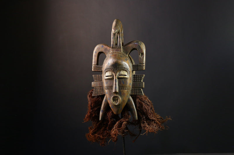 African Mask - Hand-Carved Senufo Kpelie Tribal Face Mask - Unique Wooden Wall Decor for Ethnic Home Art and Cultural Collectibles-G3757