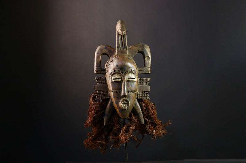 African Mask - Hand-Carved Senufo Kpelie Tribal Face Mask - Unique Wooden Wall Decor for Ethnic Home Art and Cultural Collectibles-G3757