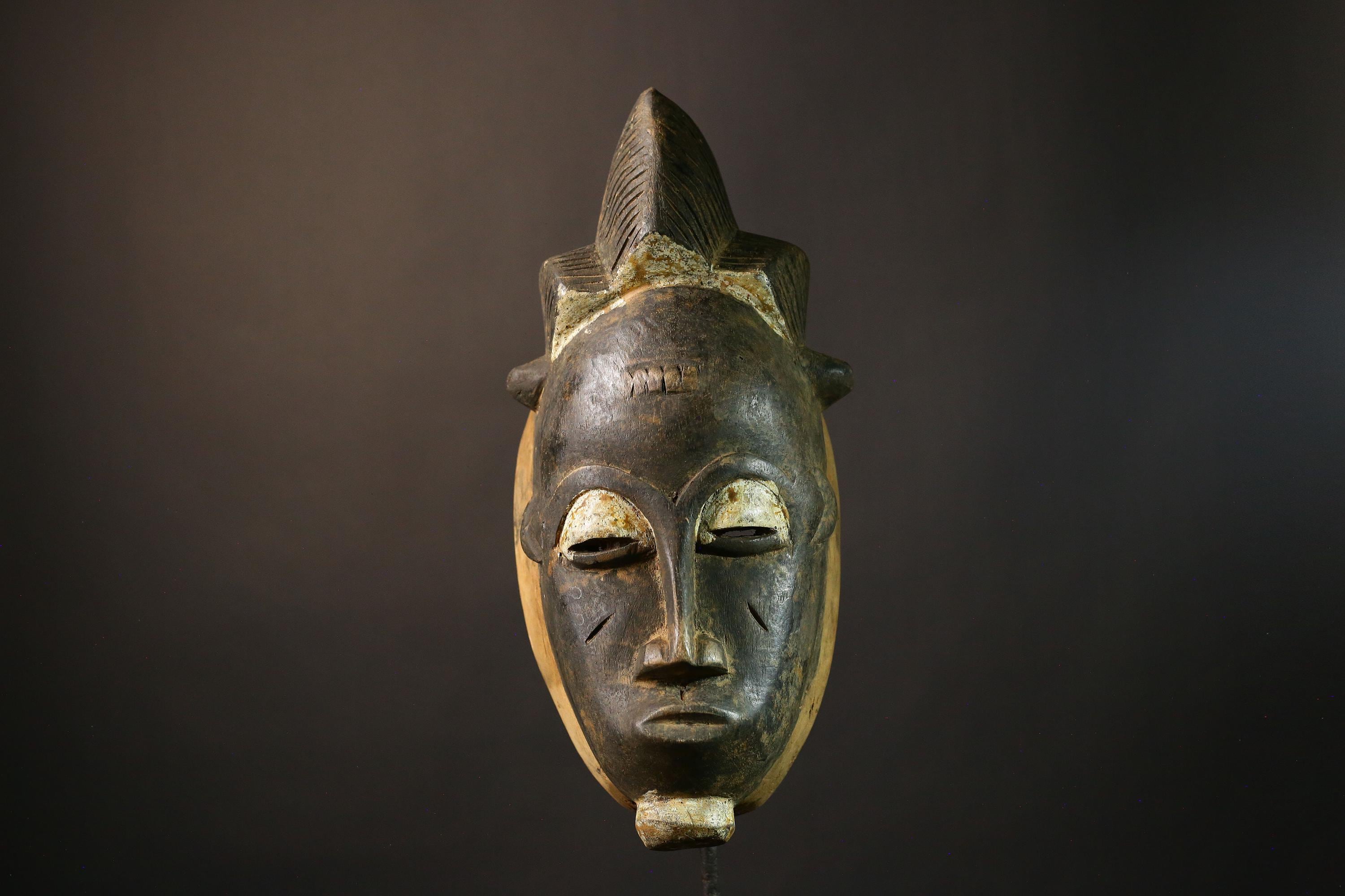 African Vintage Antique Baule Mask Hand Carved Tribal Wooden Wall Hanging Art Unique Ethnic Decor for Home Cultural Accent Piece-G1926