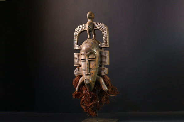 African Mask Kpélié Senoufo, Hand-Carved Wood Mask with Black Patina, Unique Ritual Decor, Cultural Art Sculpture for Home Decoration-G3774