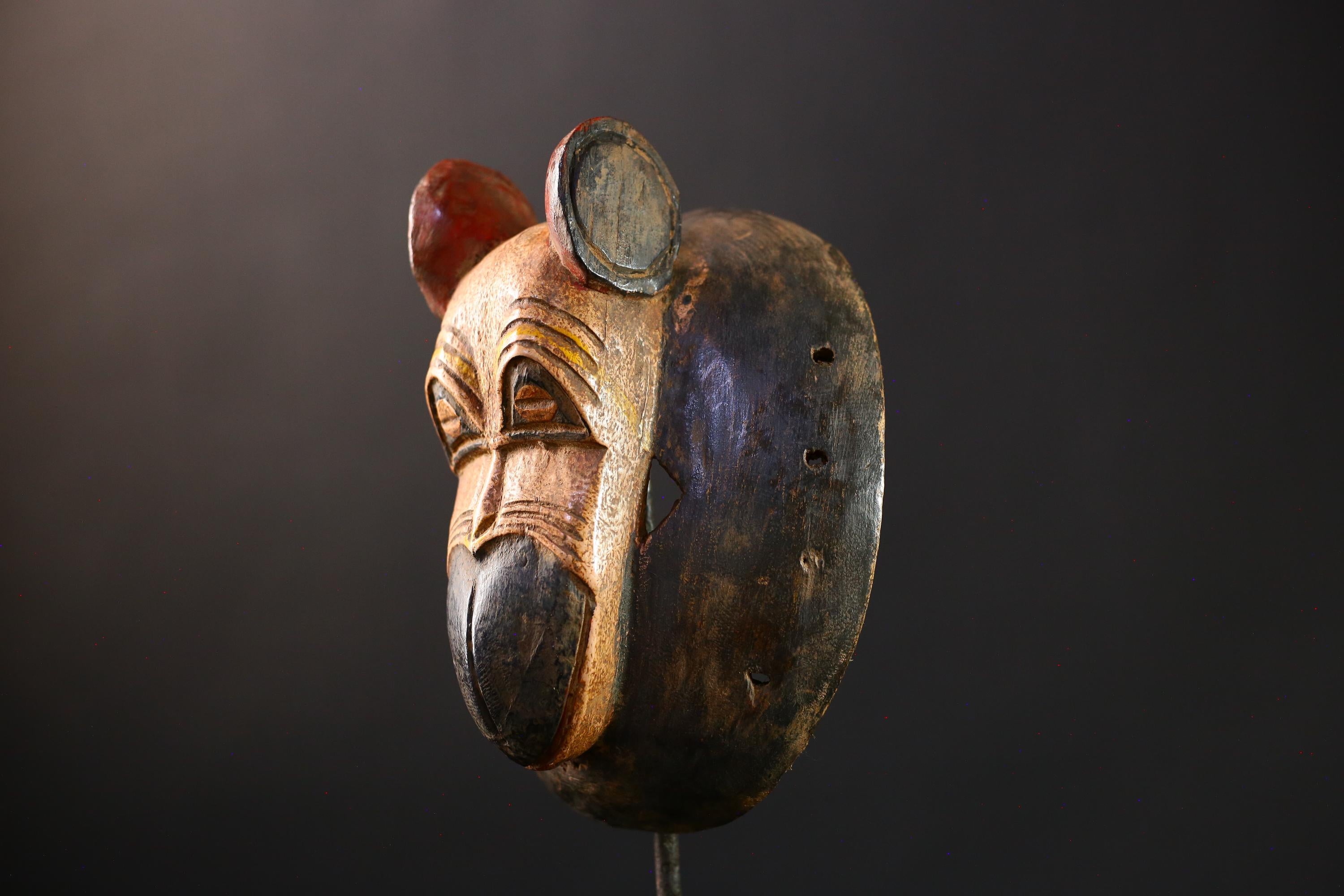 African Mask - Hand-Carved Baule Tribal Monkey Wooden Wall Art - Unique Decor for Ethnic Home Accents and Cultural Collectibles-G3808