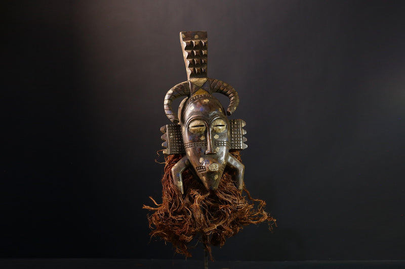 African Mask Senufo Kpelie Tribal Face Art - Unique Hand-Carved Wooden Wall Decor, Cultural Sculpture for Home and Collectors  -G3801