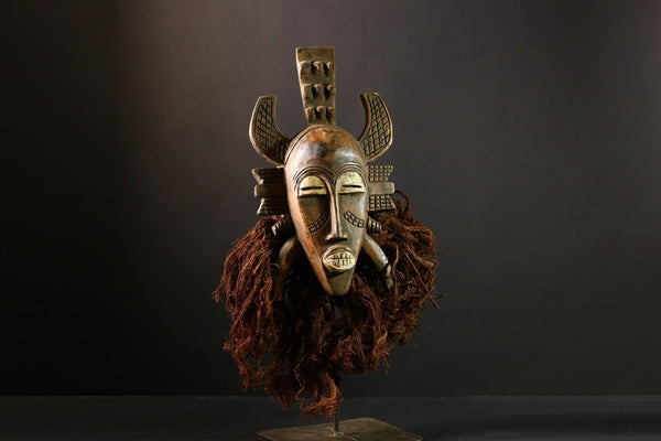 African Mask - Vintage Hand-Carved Senufo Wood Mask with Animal Ears - Unique Tribal Wall Decor for Ethnic Home Art and Collectibles  -G3828