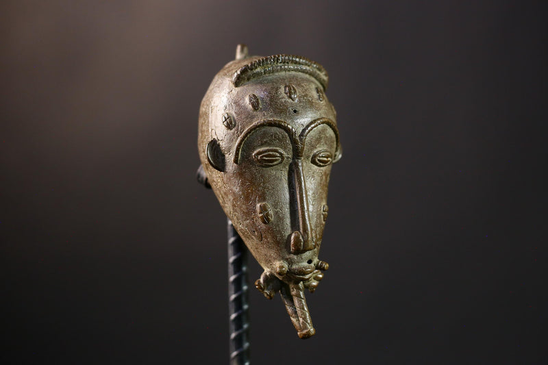 African Copper Mask - Authentic Baoule Yaoure Tribal Sculpture, Unique Decorative Effigy, Ethnic Art Collectible for Home Decor -G3821