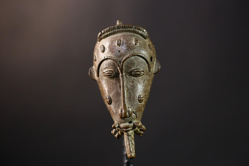 African Copper Mask - Authentic Baoule Yaoure Tribal Sculpture, Unique Decorative Effigy, Ethnic Art Collectible for Home Decor -G3821