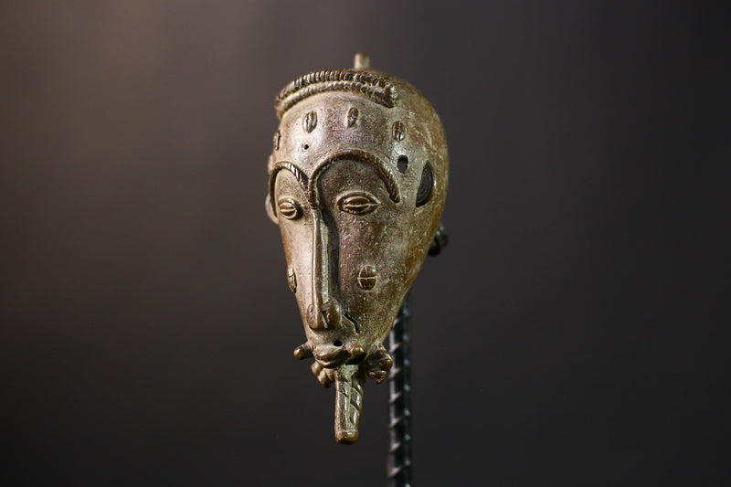 African Copper Mask - Authentic Baoule Yaoure Tribal Sculpture, Unique Decorative Effigy, Ethnic Art Collectible for Home Decor -G3821