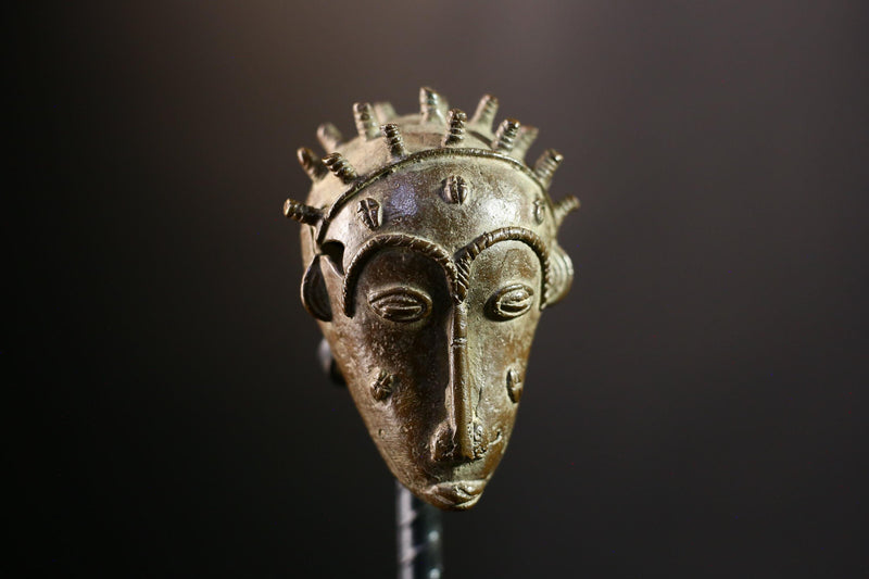 African Copper Mask - Authentic Baoule Yaoure Tribal Sculpture, Unique Decorative Effigy, Ethnic Art Collectible for Home Decor -G3819