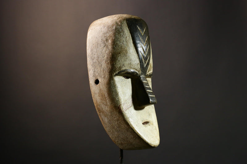 African Authentic Tribal Lega Mask White Face Congo Art Wood Wall Decor Ethnic Carved Sculpture Rare Cultural Artifact- G3595