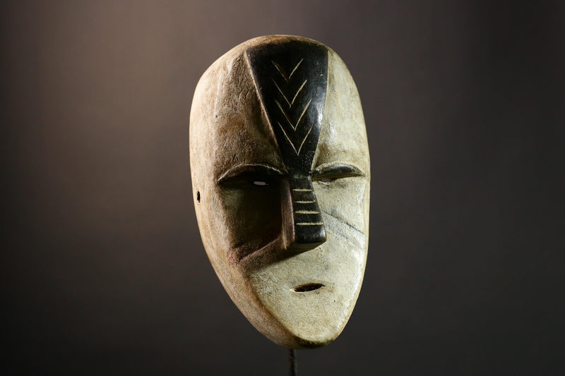 African Authentic Tribal Lega Mask White Face Congo Art Wood Wall Decor Ethnic Carved Sculpture Rare Cultural Artifact- G3595