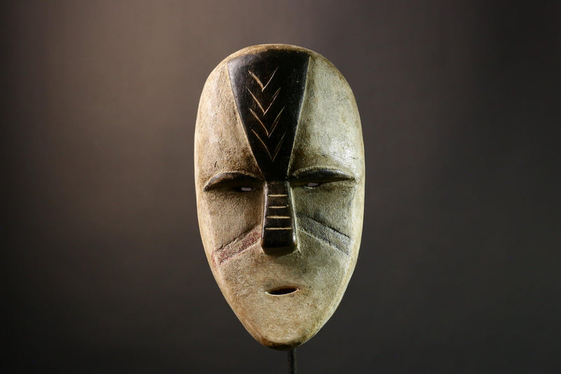 African Authentic Tribal Lega Mask White Face Congo Art Wood Wall Decor Ethnic Carved Sculpture Rare Cultural Artifact- G3595