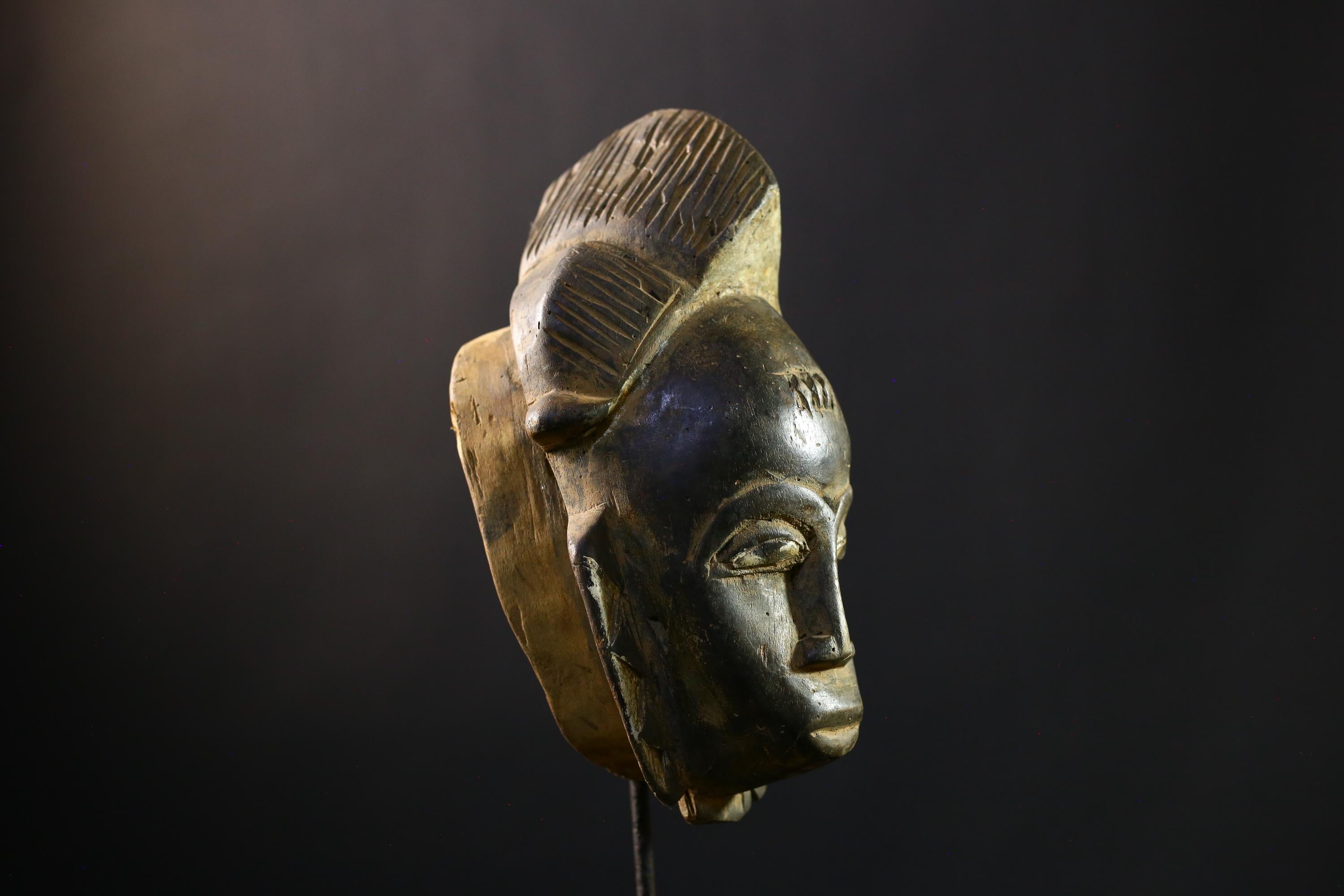 African Baule Tribal Mask Hand Carved Wood Face Côte d’Ivoire Ritual Art Decor Vintage Wall Hanging Sculpture Collectible-G1987