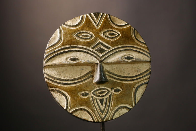 African Hand Moon Mask Authentic Teke Eket Wooden Wall Hanging Primitive Art for Unique Cultural Decor and Stylish Home Accent Piece-G3632