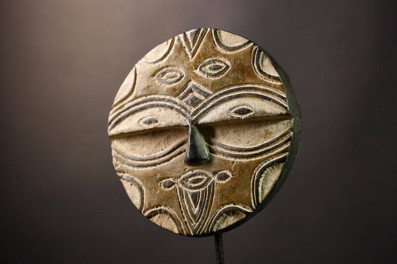 African Hand Moon Mask Authentic Teke Eket Wooden Wall Hanging Primitive Art for Unique Cultural Decor and Stylish Home Accent Piece-G3632