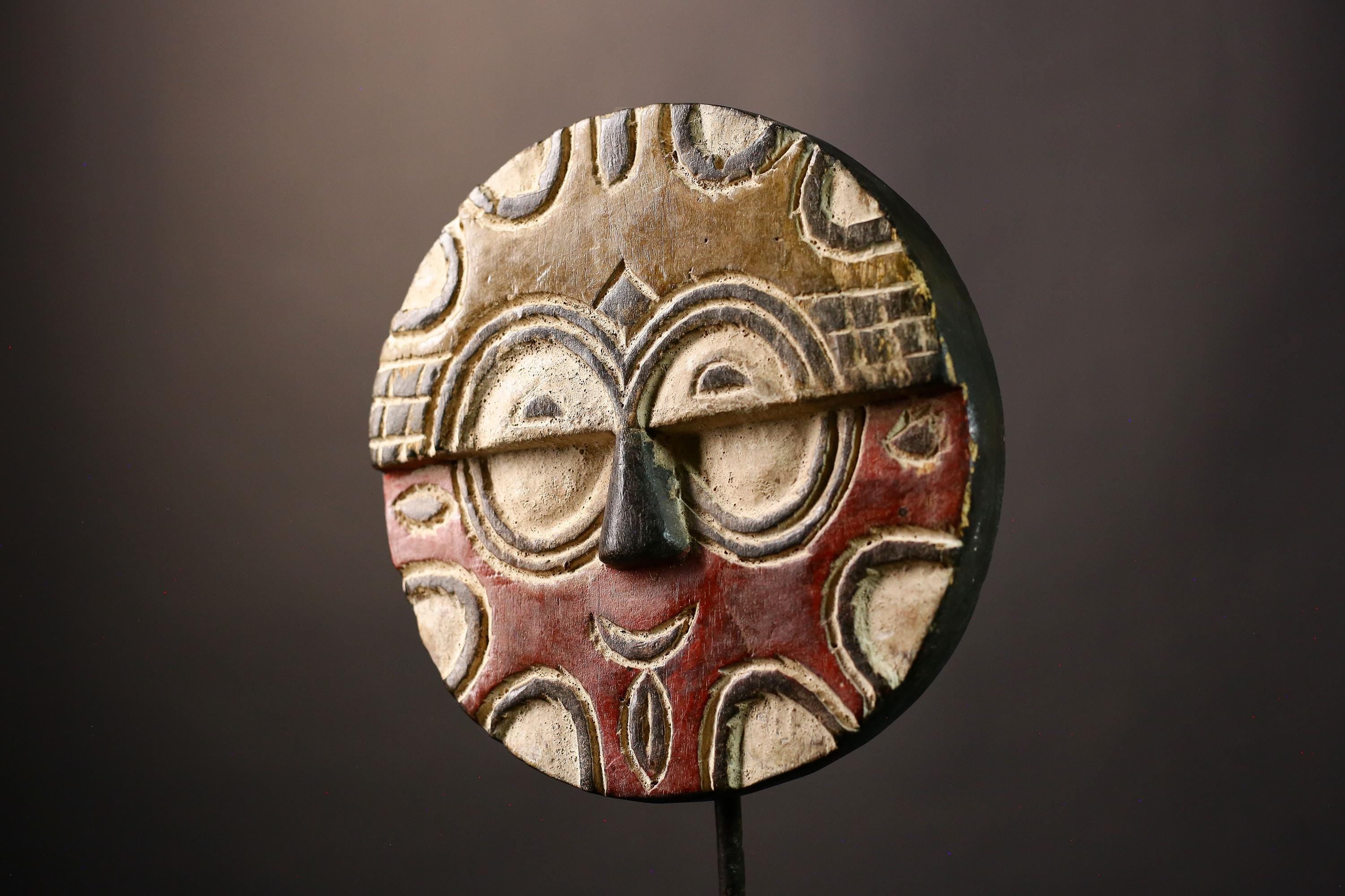 African Hand Moon Mask Antique Ekpo Eket African Wooden Mask Handcrafted Wall Hanging Decorative Art Tribal Home Decor & Cultural -G3631