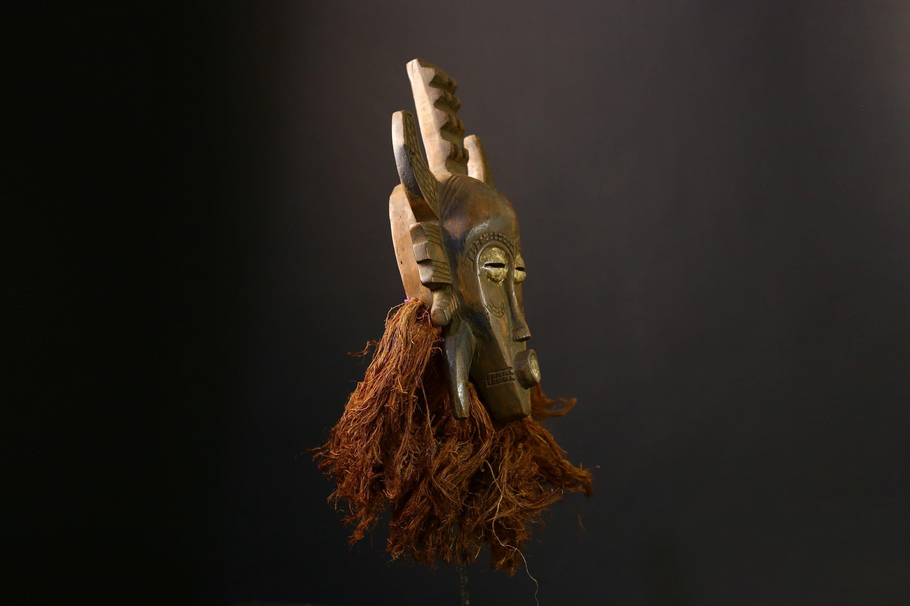 African Senufo Kalao Mask: Hand-Carved Wooden Tribal Wall Art Sculpture with Vintage Black Patina Decor-G3902