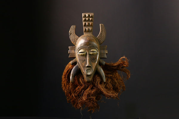 African Senufo Kalao Mask: Hand-Carved Wooden Tribal Wall Art Sculpture with Vintage Black Patina Decor-G3902