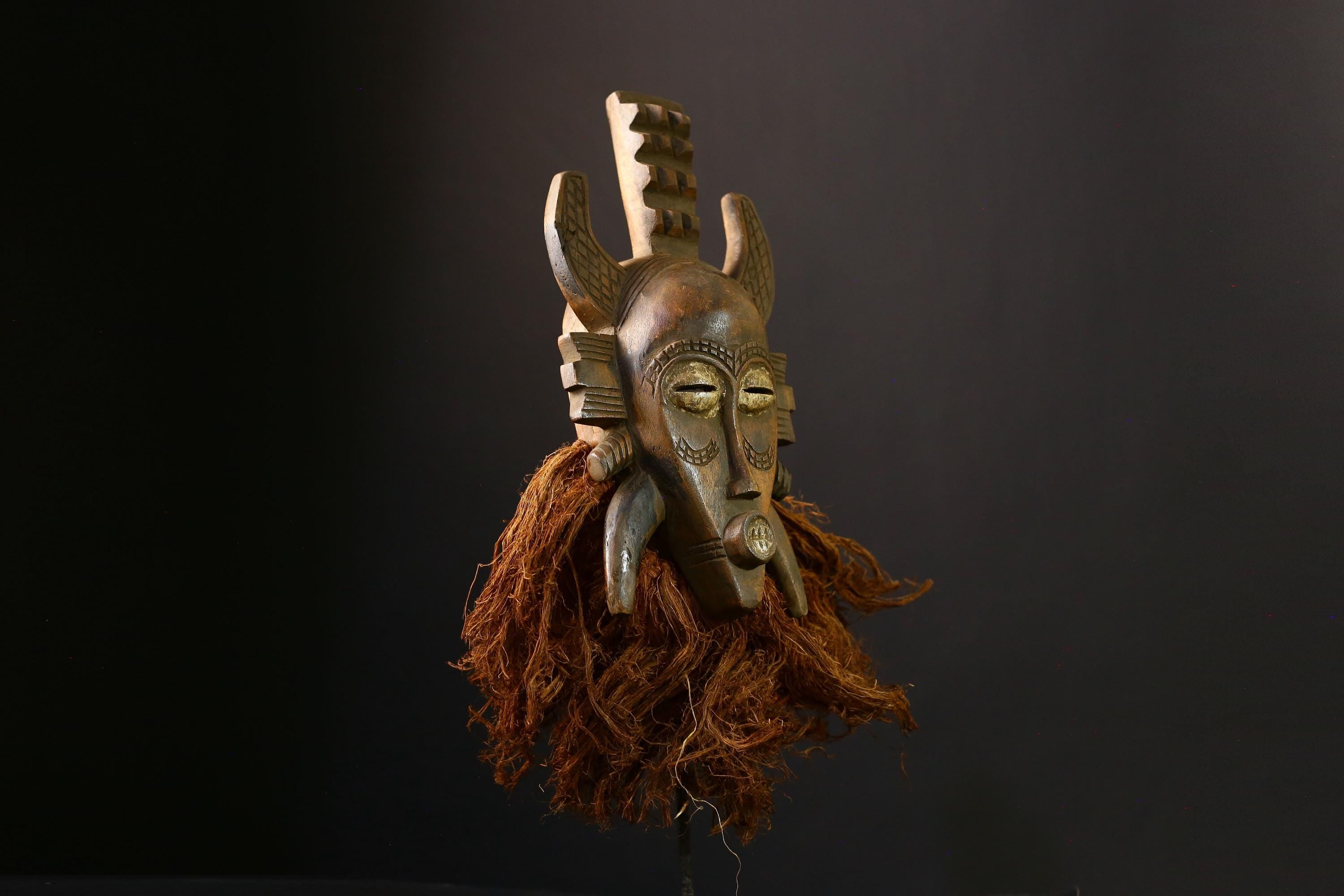 African Senufo Kalao Mask: Hand-Carved Wooden Tribal Wall Art Sculpture with Vintage Black Patina Decor-G3902