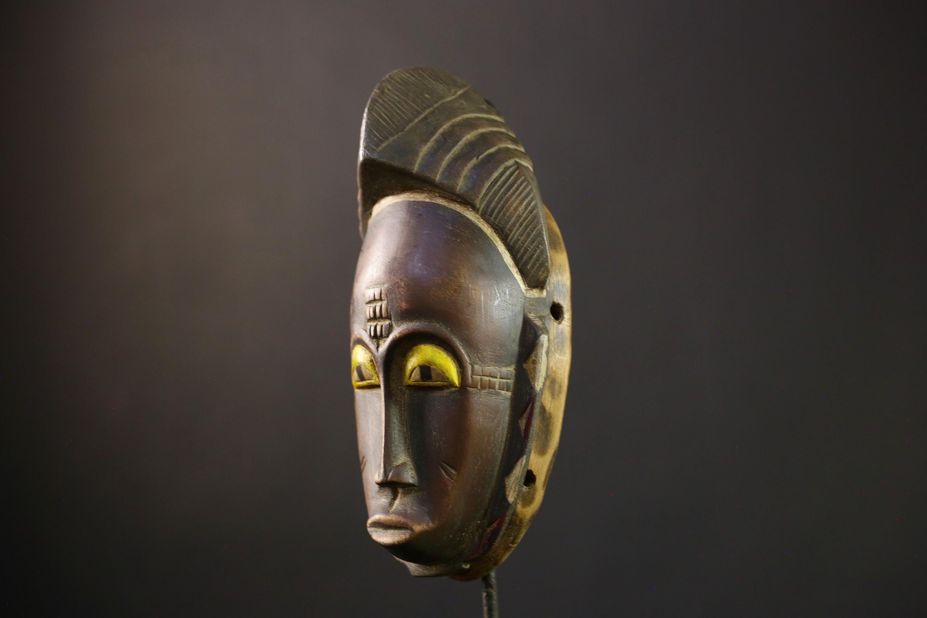 African Mask Baule: Hand-Carved Wooden Tribal Face Wall Hanging, Unique African Art Piece, Rustic Decor for Home and Collectibles-G3897