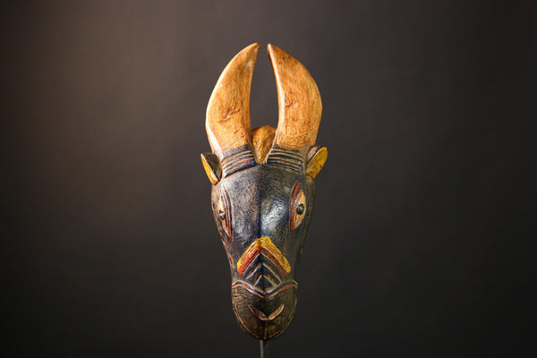 African Mask Hand-Carved Vintage Baule - Authentic Bidjogo Bull Wall Hanging Art, Unique Tribal Sculpture for Home Decor-G3656