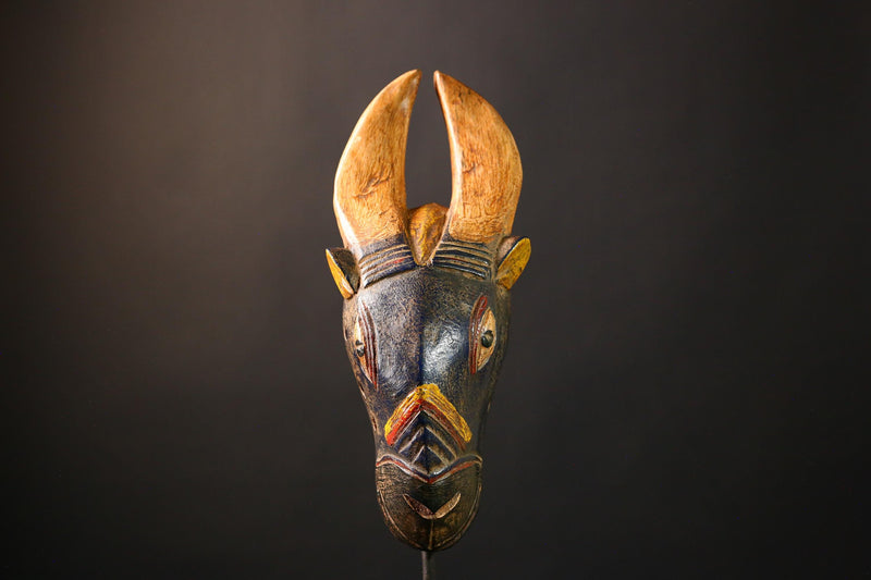 African Mask Hand-Carved Vintage Baule - Authentic Bidjogo Bull Wall Hanging Art, Unique Tribal Sculpture for Home Decor-G3656