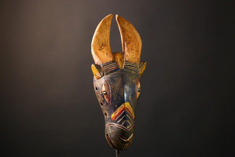 African Mask Hand-Carved Vintage Baule - Authentic Bidjogo Bull Wall Hanging Art, Unique Tribal Sculpture for Home Decor-G3656