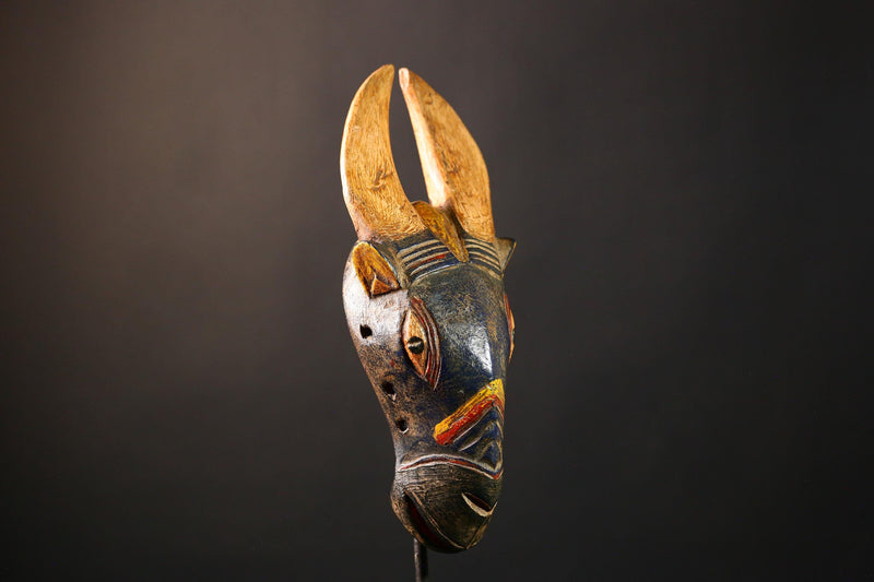 African Mask Hand-Carved Vintage Baule - Authentic Bidjogo Bull Wall Hanging Art, Unique Tribal Sculpture for Home Decor-G3656