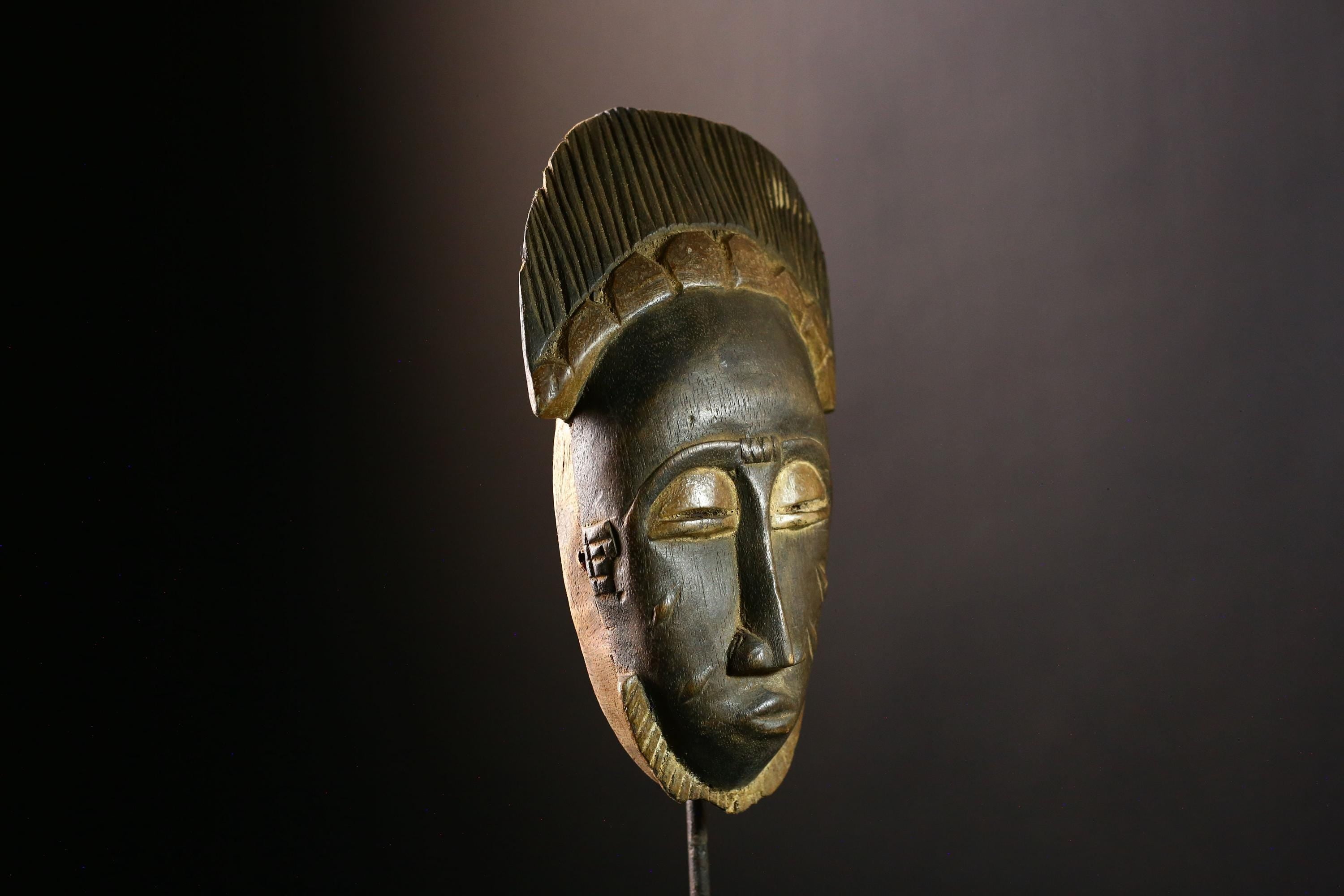 African Mask Antique Baule - Vintage Hand-Carved Wooden Tribal Face Sculpture, Unique Art Decor for Home, Collectibles, and Culture-5256