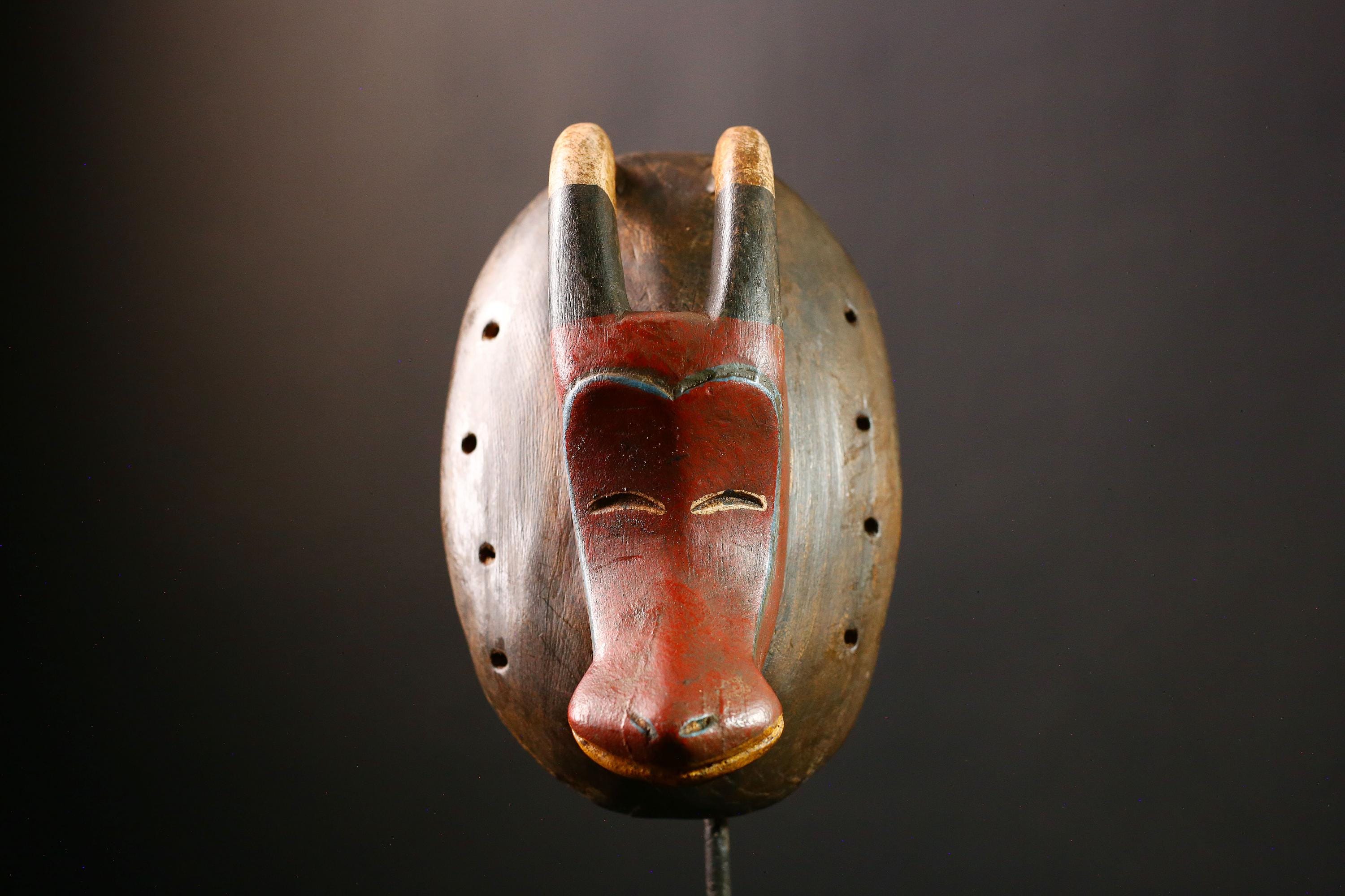 African Mask Handmade Baule Tribal Ram Wall Art - Unique Wooden Decor, Cultural Sculpture for Home Accent, Ethnic Collectible Piece-G3690