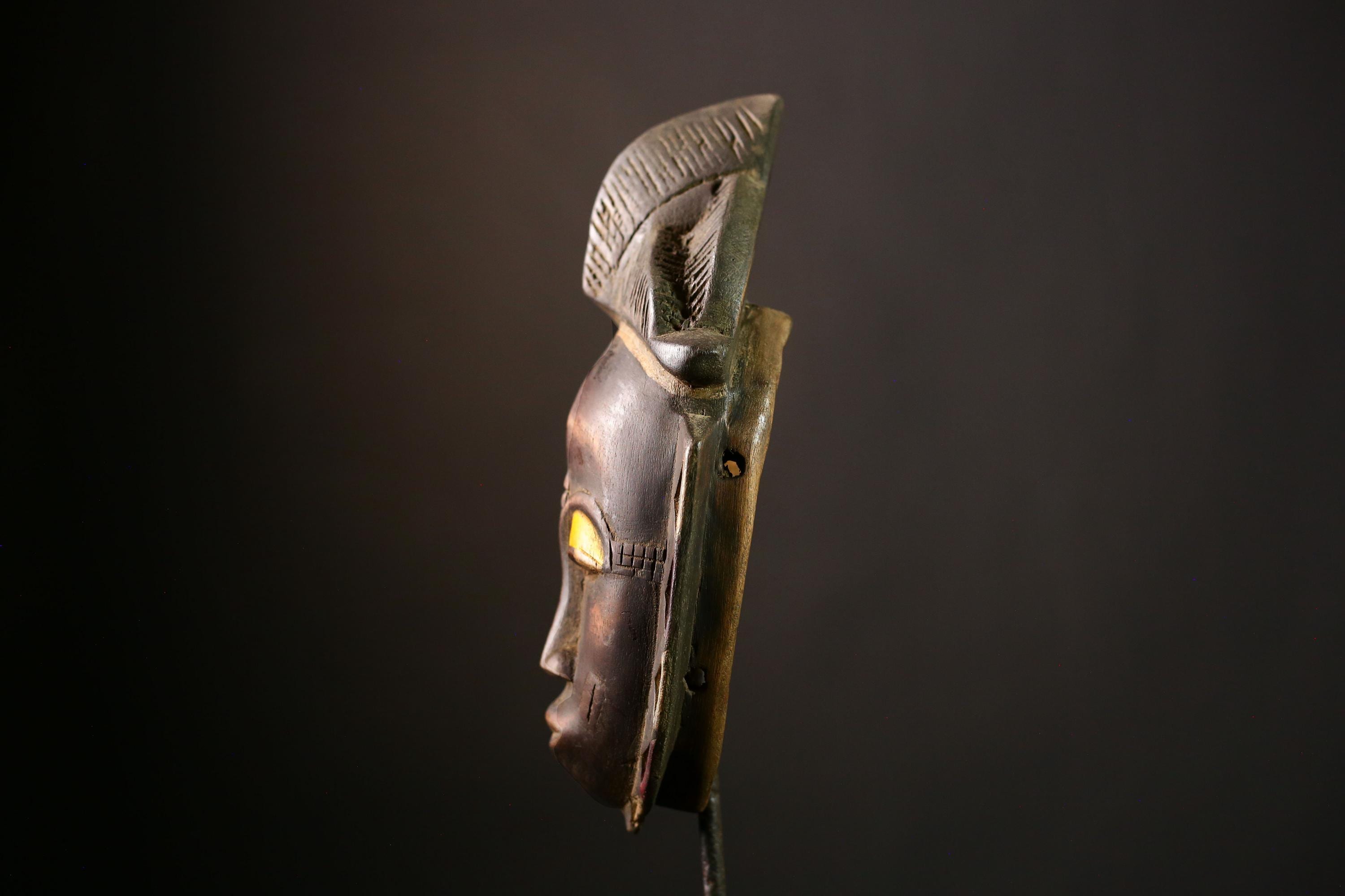 African Baule Mask Authentic Handcrafted Tribal Wooden Art, Antique Decorative Wall Hanging Sculpture from Ivory Coast -G3990