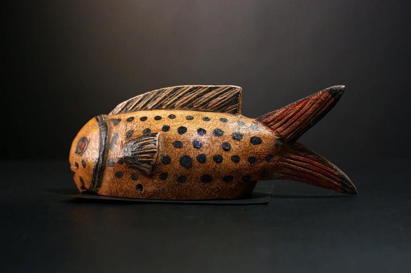 African Mask - Hand-Carved Bozo Fish Puppet Art - Tribal Wall Hanging Sculpture for Unique Home Décor and Cultural Collectible Display-G3738