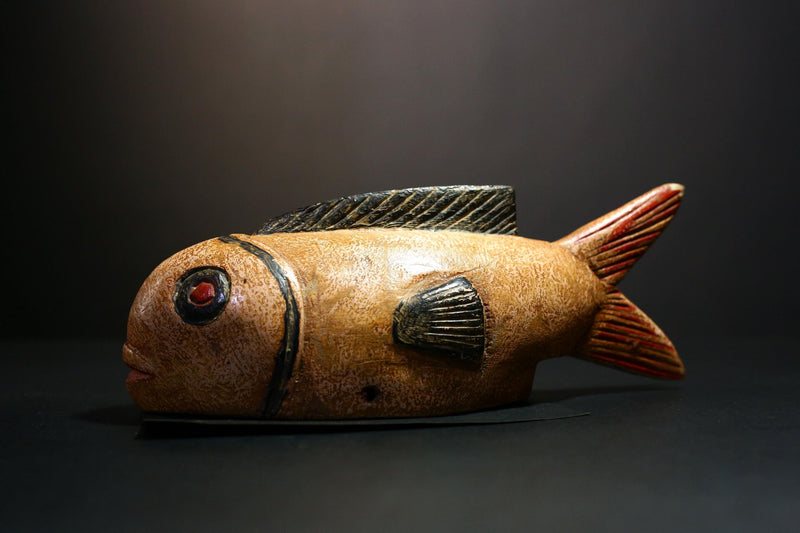 African Mask - Hand-Carved Bozo Fish Puppet Art - Tribal Wall Hanging Sculpture for Unique Home Décor and Cultural Collectible Display-G3737